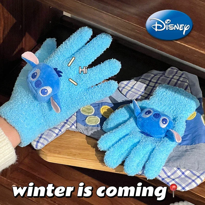 Disney Stitch Cotton Gloves Cartoon Anime Figures Cute Doll Coral Velvet Full Finger Glove Thicken Winter Warm Girls Boys Gifts