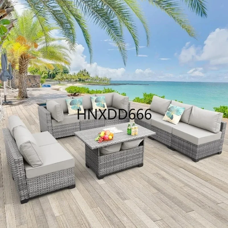 

9-Piece Outdoor Wicker Furniture Set with Large Storage Table and Anti-Slip Light Grey Cushions for Patio Conversation