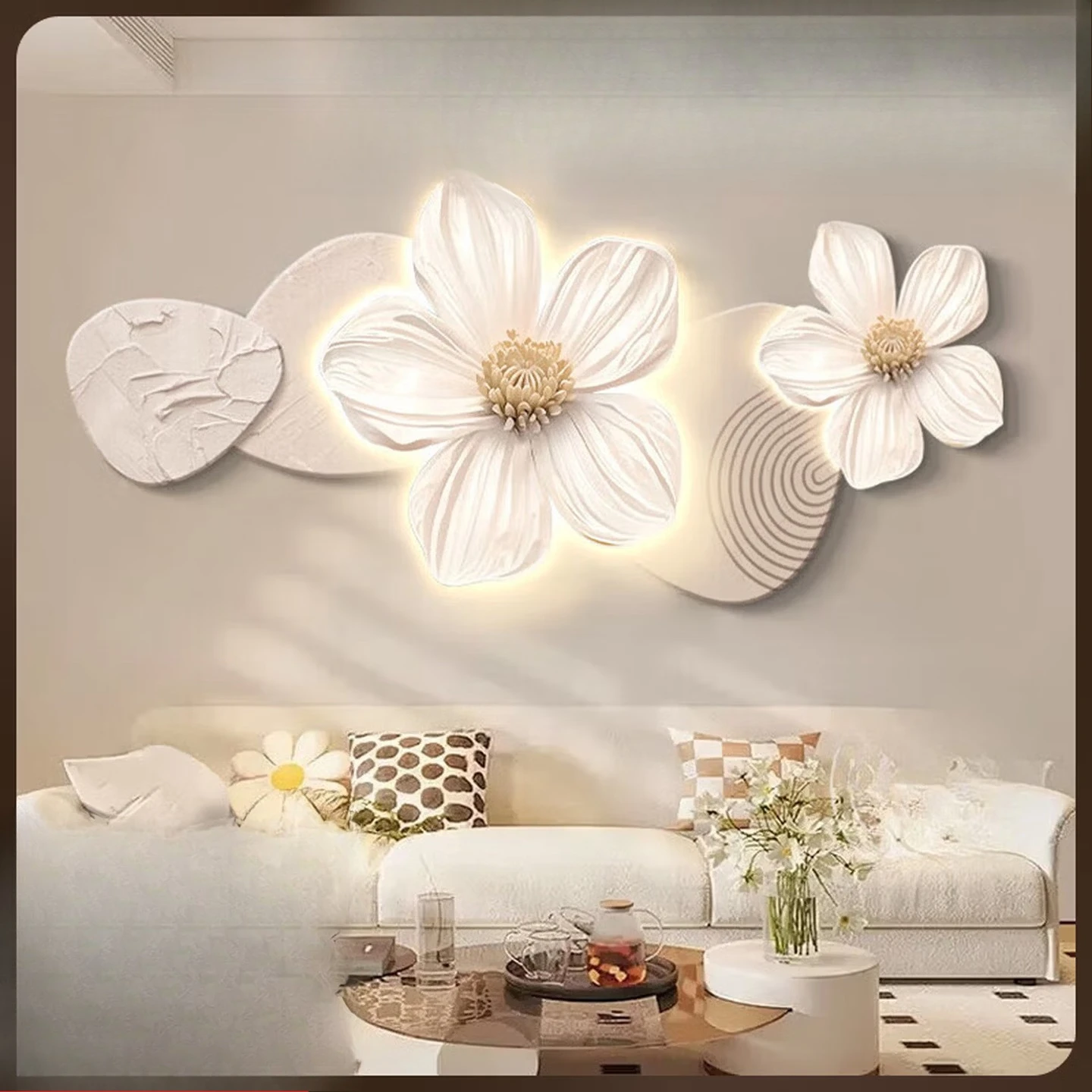 Cream wind living room decorative painting pink flower high-end wall lamp with led three-dimensional sofa background painting