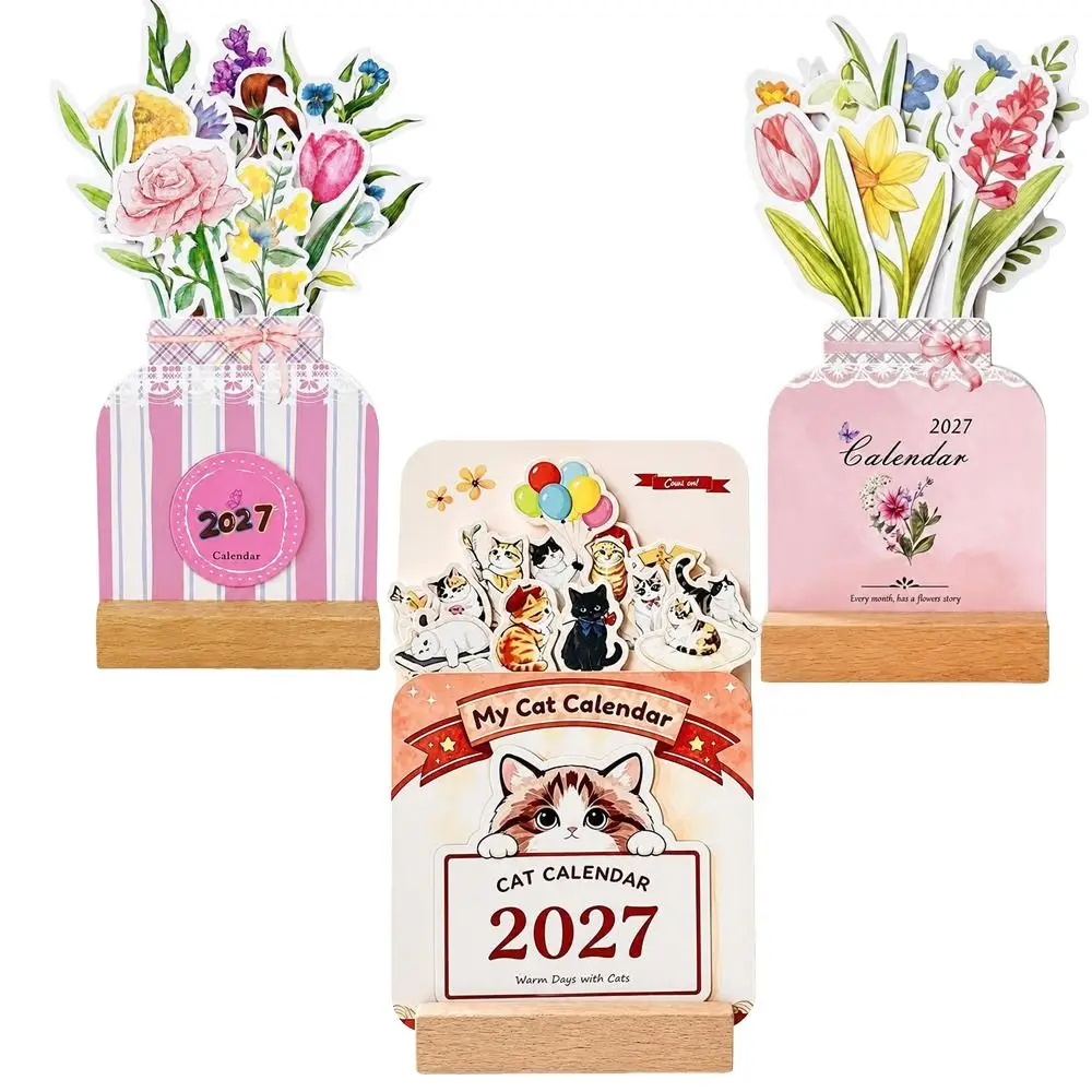 Gifts Paper 2027 Desk Calendar Wooden Base Monthly Wooden Stand Calendar Floral Artwork Home Office Calendar Table Decoration