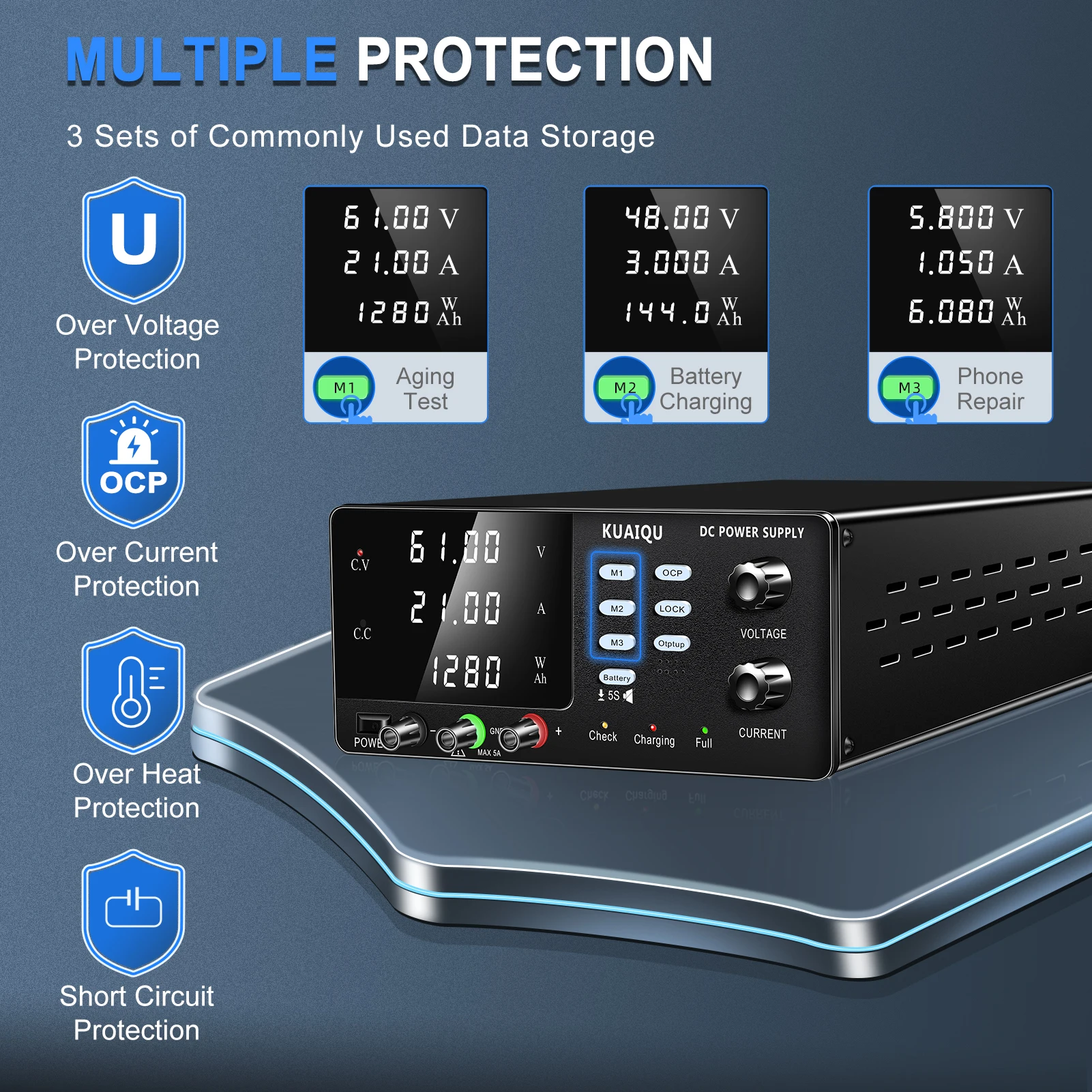 KUAIQU Hochleistungs-Labornetzteil für Batterieladung, Hochstrom-Schnellladung, Einstellbares Geregeltes Gleichstromnetzteil mit OCP-Ausgang, Speicherfunktion, 60V 20A 1200W, 30V 30A 900W – Detail 6