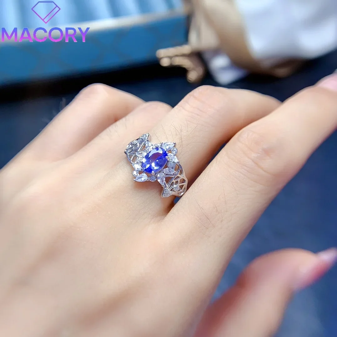 Sterling silver 925 natural tanzanite ring female 925 silver jewelry with certificate luxury female ring gem exquisite jewelry