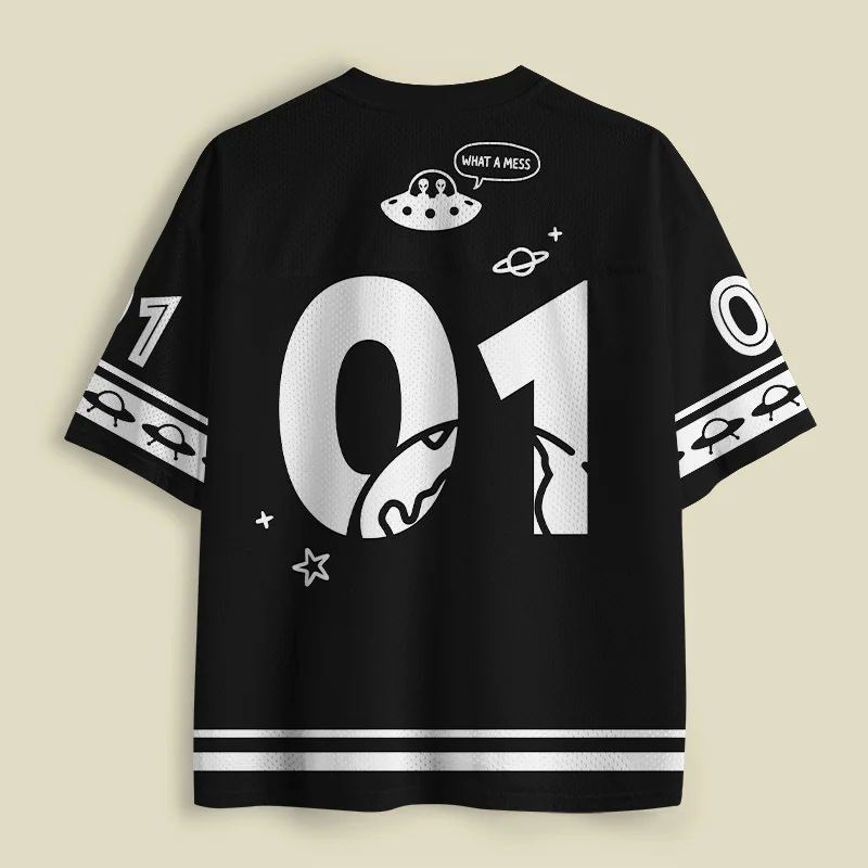 UFO Alien Planet Print V Neck Mesh Jersey, What A Mess Letter Graphic Short Sleeve Shirt, Hip Hop Streetwear Casual Sports Tops