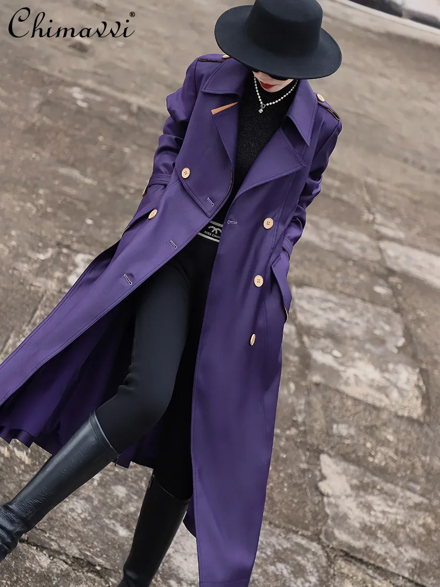 

High-End 2024 Spring New Fashion OL Mid-Length Double-Breasted Lace-up Purple Trench Coat Loose Elegant Women's Windbreaker Coat