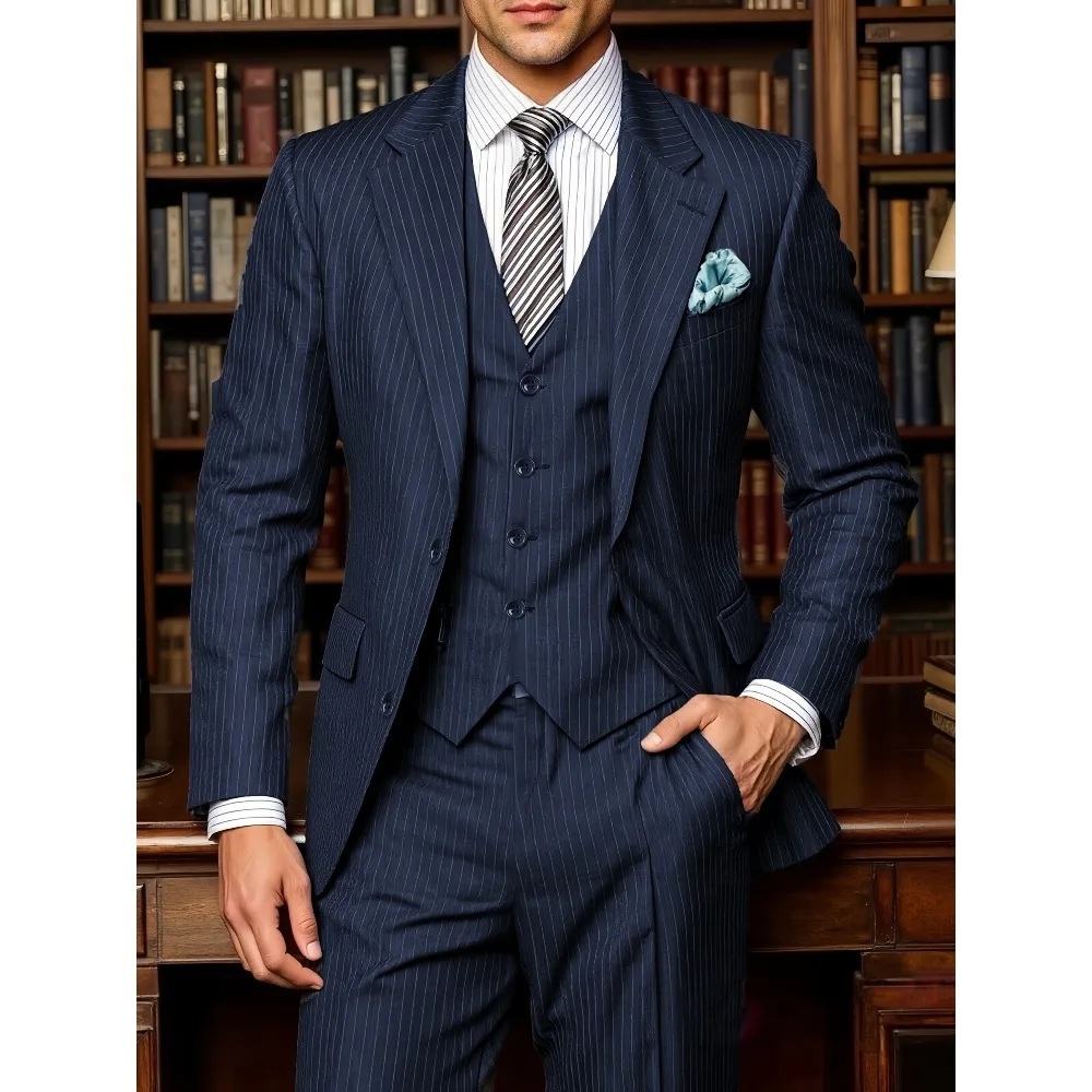 

Темно-синий комплект из трех предметов приталенного костюма в тонкую полоску, классический дизайн для деловых, свадебных и официальных мероприятий