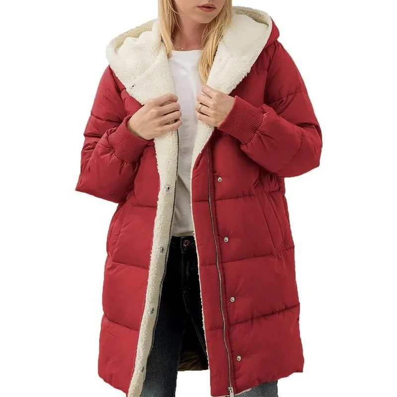 Women's Clothing Solid Warm Fleece Hooded Cotton Coat Long Sleeves Double-sided Velvet Slim Fit Elegant Cardigan Outerwear Top