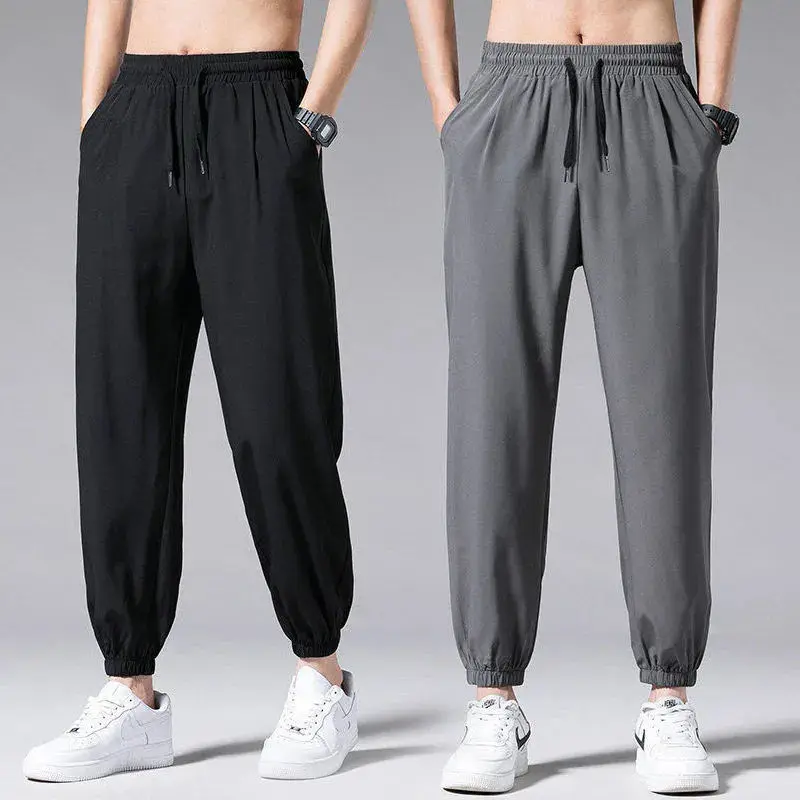 Summer Ice Floss Ventilation Quick Drying Waist Drawcord Casual Pants New Classic Loose Youth All-match Thin Male Trousers 2023