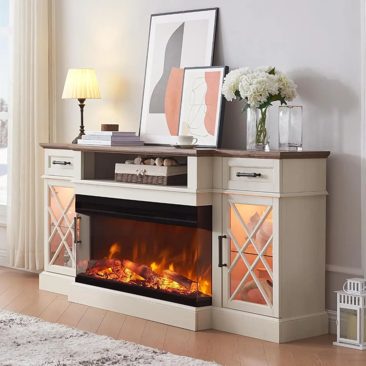 3-Sided Glass Farmhouse Electric Fireplace TV Stand for TVs up to 80'', Highboy Entertainment Center with Glass, Customized