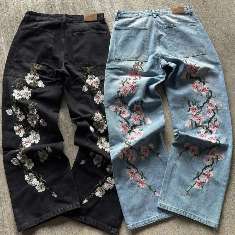 Harajuku flor de cerejeira bordado jeans streetwear hip-hop gótico das mulheres dos homens y2k roupas vintage cintura baixa calças largas perna