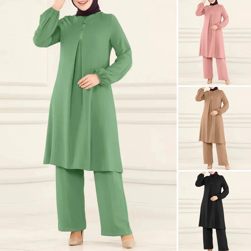 Fashion Solid Muslim Set Elegant Long-sleeved Shirt and Loose Wide-leg Pant Two Pieces Set Soft Muslim Dress Slim Dubai Abayas