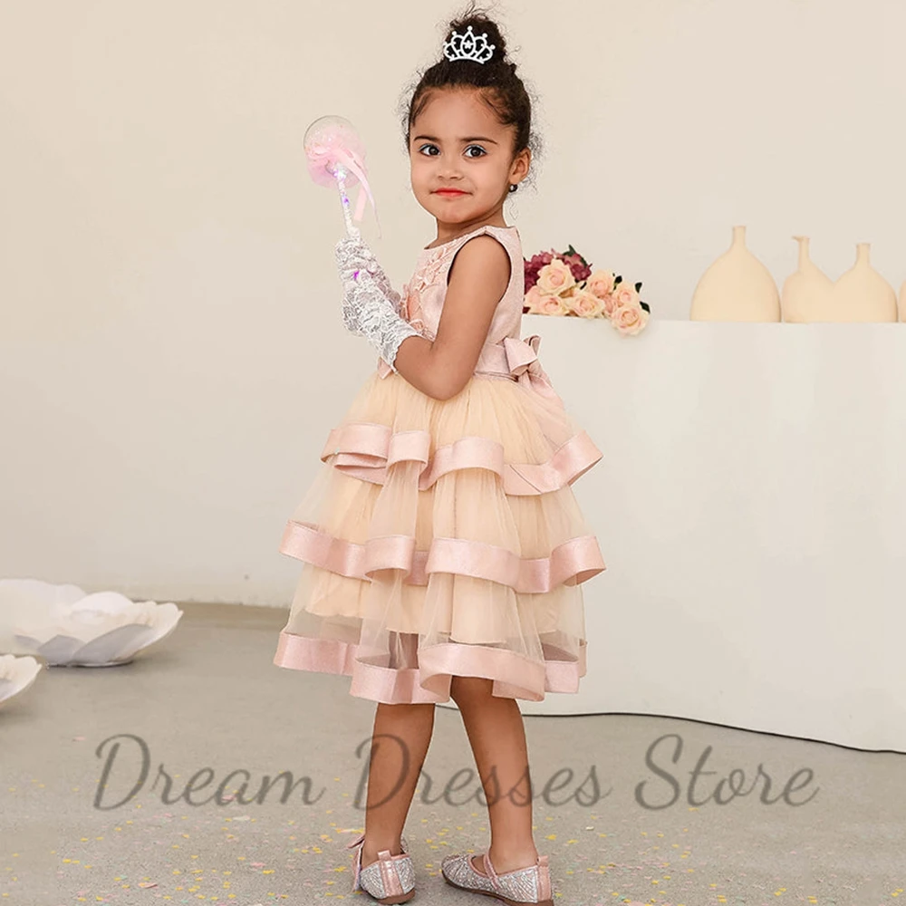 Lovely Tulle and Satin Flower Girl Dress O-Neck Sleeveless A-Line with Bow Belt Applique Tiered Baby Birthday Party Gowns