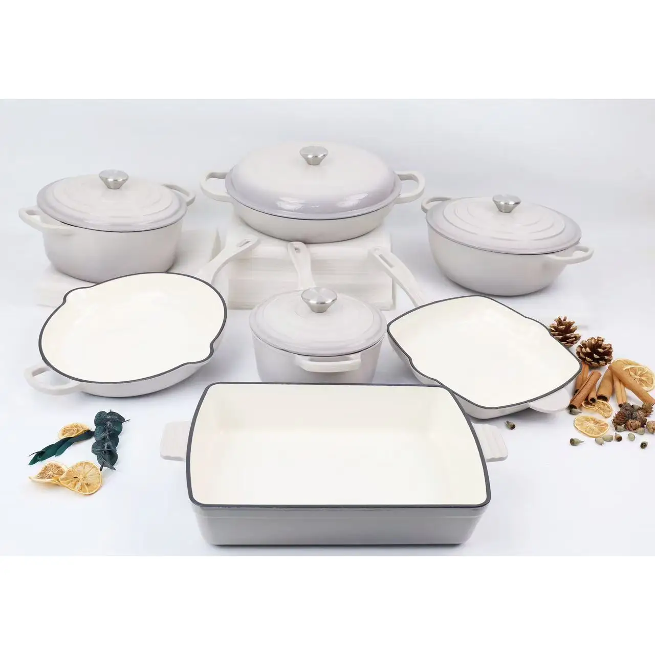 Seven-Piece Enamel Cast Iron Cookware Set, Includes Saucepan, Seafood Pan, Frying Pan & Baking Pan