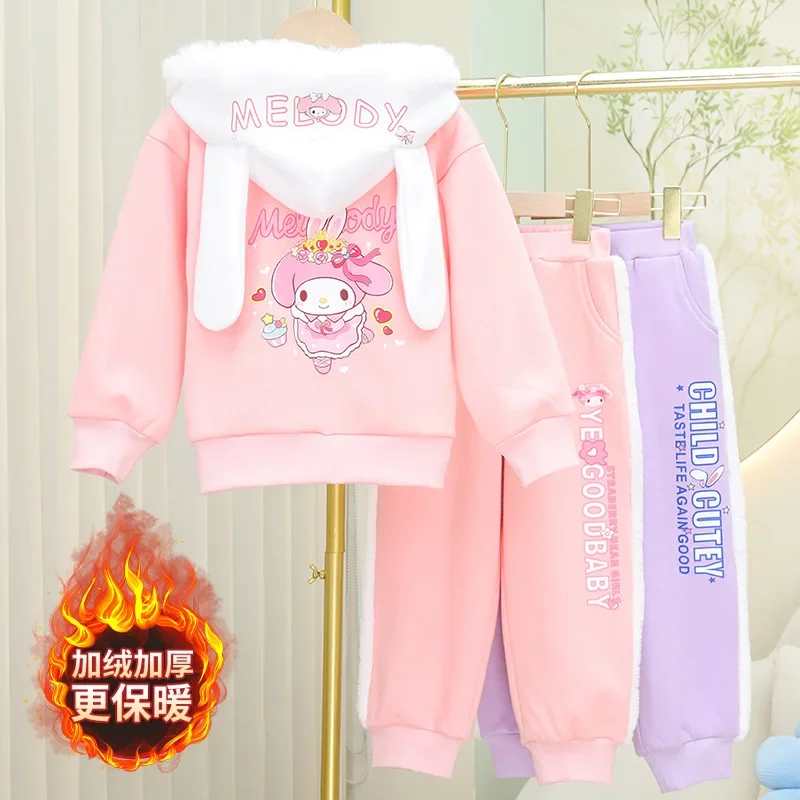 

Autumn Winter Kawaii Sanrio Cinnamoroll Fashion Plus Fleece Thick Hooded Pants Cute My Melody Warm Coat Trousers Two Piece Gifts