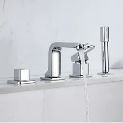 Deck/Wall Mounted Bathroom Bathtub Faucet Set with Handheld Shower Head 4 Holes Widespread Basin Tub Faucet Cold Hot Mixer Tap