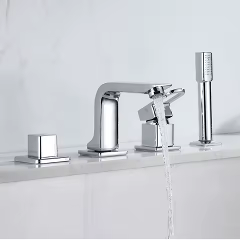 Deck/Wall Mounted Bathroom Bathtub Faucet Set with Handheld Shower Head 4 Holes Widespread Basin Tub Faucet Cold Hot Mixer Tap
