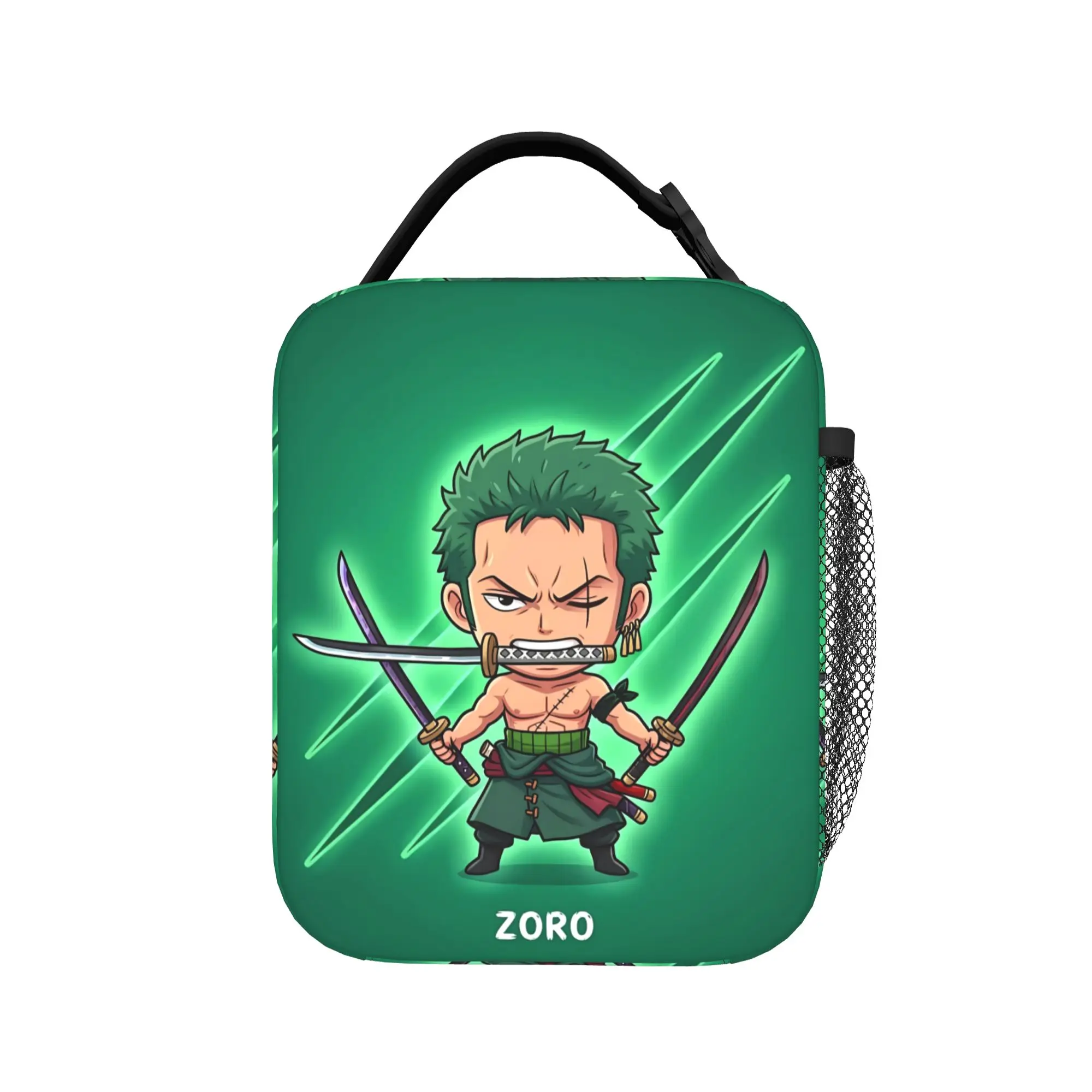 Lunch Bag Green Background Zoro Anime One Piece Travel Lunch Box For Women  Vintage Portable Zipper Custom Thermal Lunch Bags