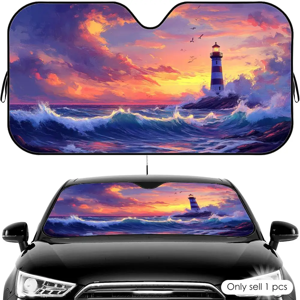 Lighthouse Ocean Waves Scene Sun Visor Foldable Universal Car Windshield Sun Shade UV Protection Heat Insulation Foldable Cover