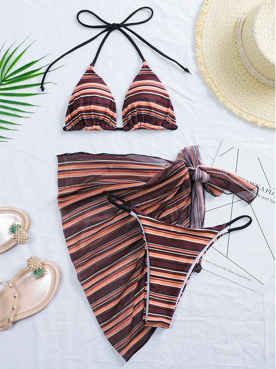 3 PCS with Mesh Skirt Striped Bikini Women Swimsuit Female Swimwear Three Pieces Bikini Set Bather Bathing Suit Swim Beachwear