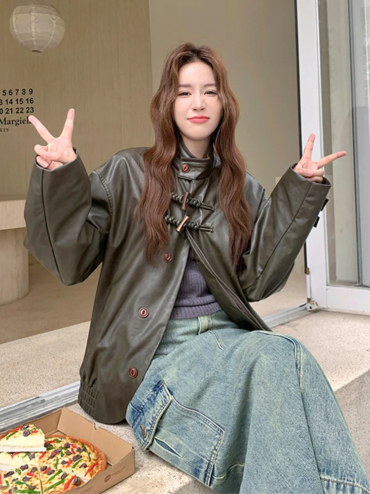 Cool ort PU Leather Jaet Women's Stand Collar Cow Horn Button Spring Autumn 2025 New Unique Faionable Leather Coat