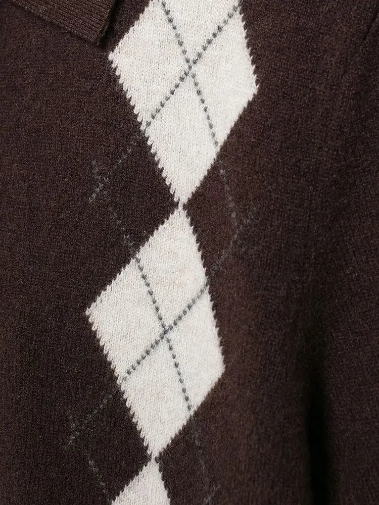 NLZG 2025 Women Argyle Knitted Sweater Short Sleeve Turn-down Collar Short Sweaters Woman Chic Casual Pullovers Tops