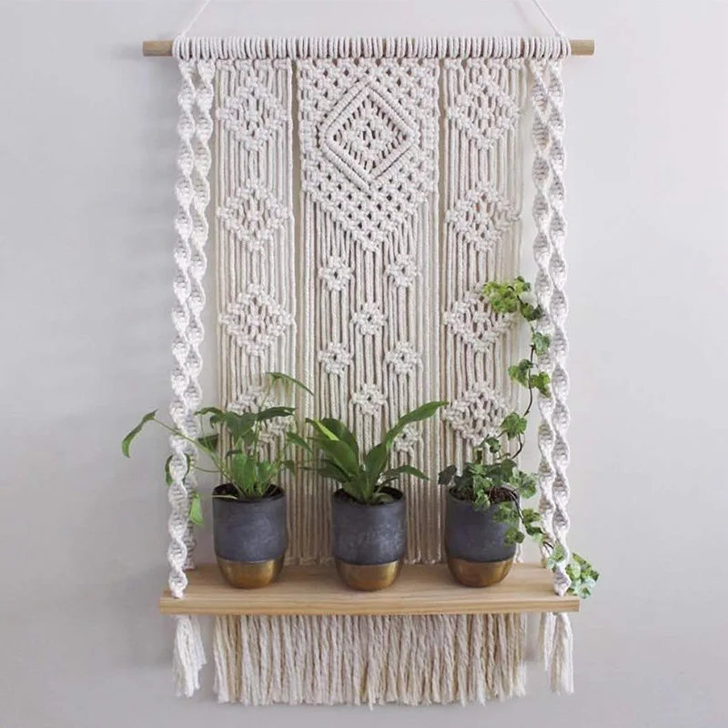 Macrame Tapestry Wall Hanging Shelf Handmade Woven Decor with Wooden Shelf for Plant and Home Accessory Storage
