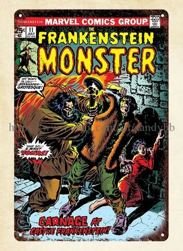 Badezimmerschild aus Metall, 1974, Frankenstein-Comics, aus Blech