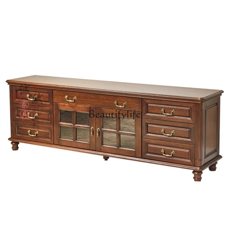 

American country black walnut solid wood TV cabinet small apartment bedroom wall storage cabinet