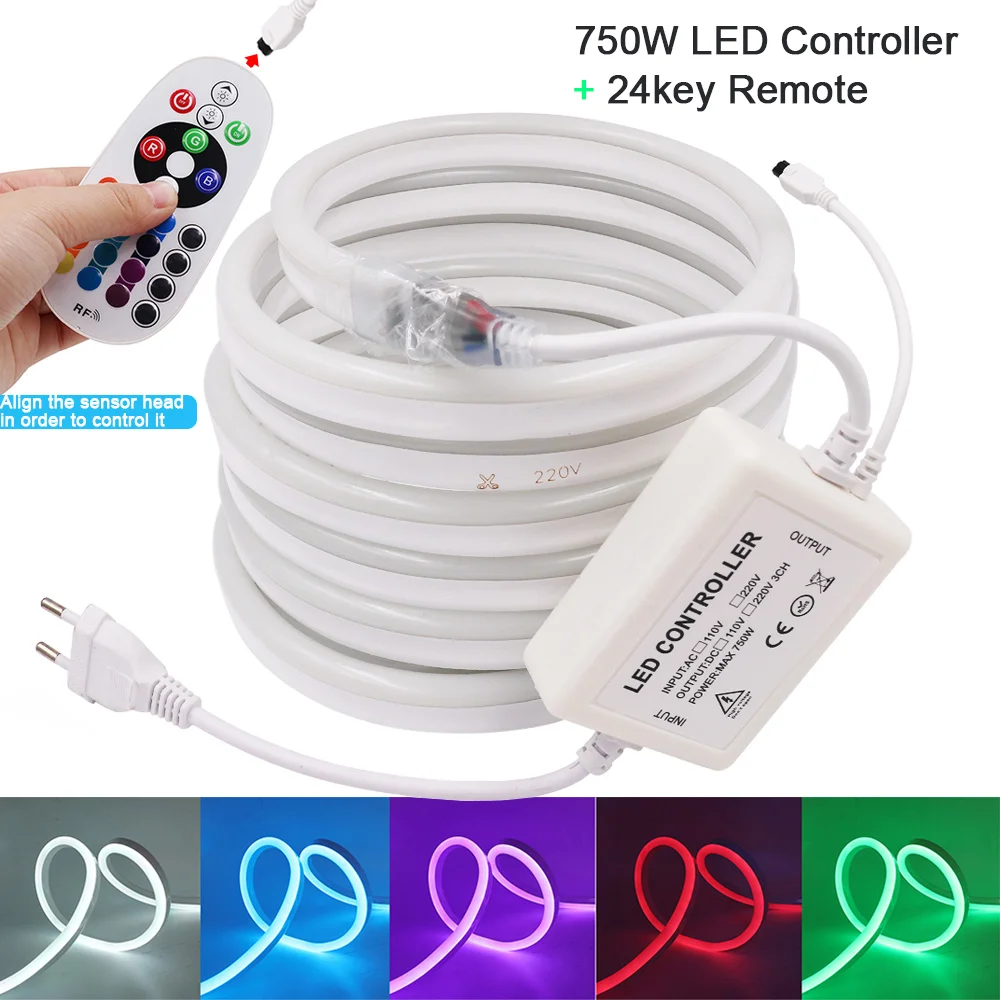 LED RGB Neon Strip Rope Light Wall Touch Switch 220V 110V 24key Remote control Power Kit Flexible Silicone Lamp Waterproof Decor