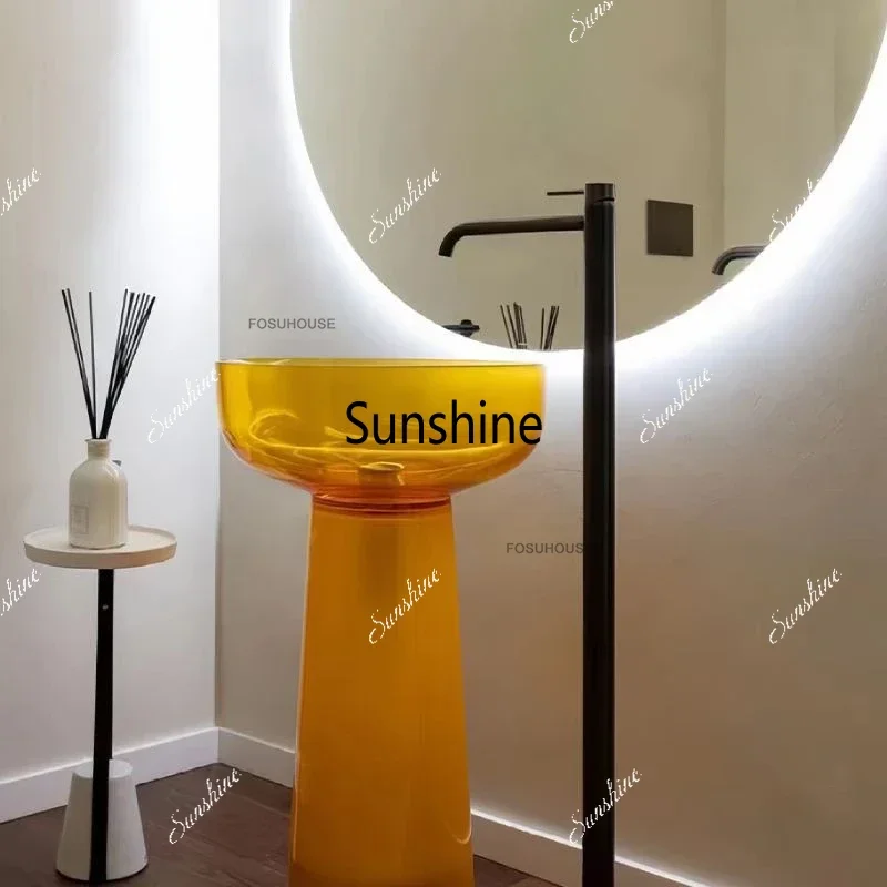 Transparent Resin Pedestal Basin Light Luxury Colored Bathroom Sinks Round Floor-standing Washbasin Italian Bathroom Accessories