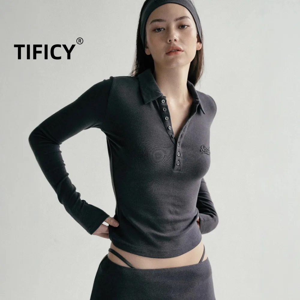 

High Street Grey Long Sleeved Base Tess T-shirt Women Retro Embroidered Polo Collar Slim Fit and Slimming Tshirts Top Autumn