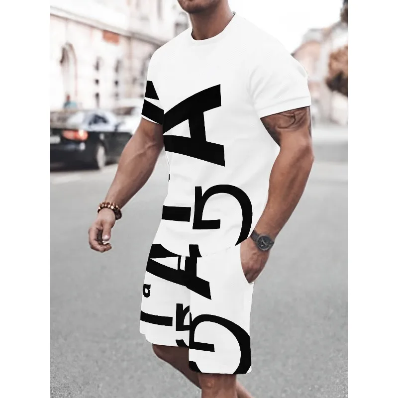 

2025 повседневная спортивная уличная летняя мужская футболка с круглым вырезом и короткими рукавами из полиэфирного волокна с принтом, комплект с шортами