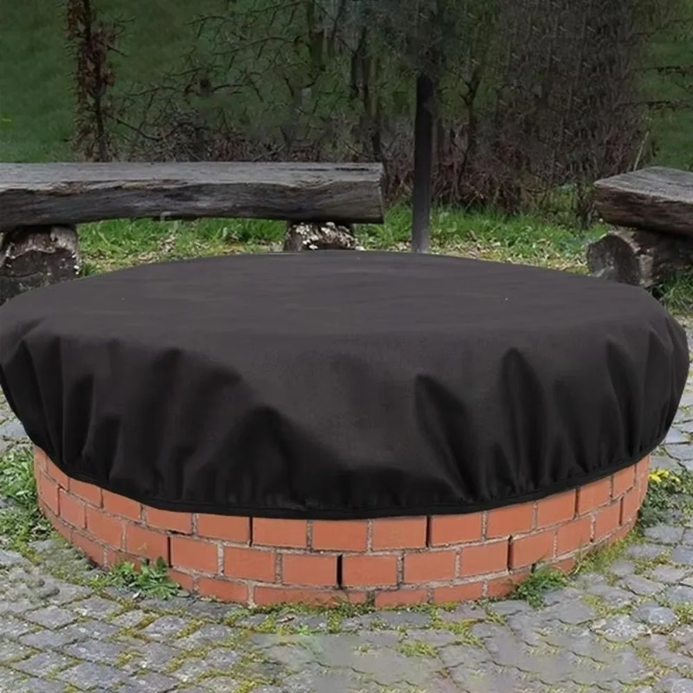 600D Oxford Fire Pit Cover Waterproof Elastic Hem Protective Cover Weather Resistant Black Outdoor Fireplace Cover