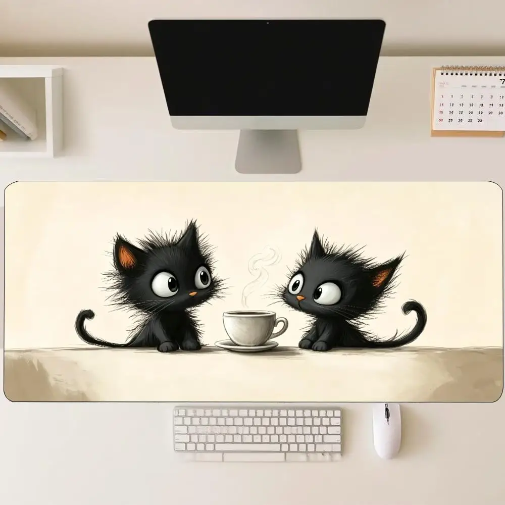 Black Kitten Coffee Art Large Size Mouse Pad Thick Non‑Slip Rubber Desk Mat Lovely Cartoon Animal Design For Gaming Laptop Use