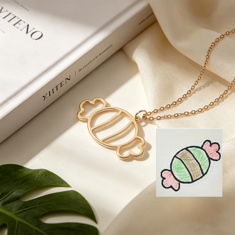 Custom Simple Drawing Children Fun Candy Stainless Steel Cut Pendant Necklace Cute Children Simple Drawing Perfect Children Gift