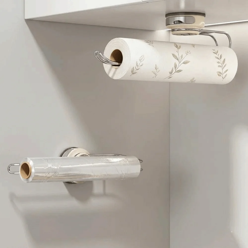 Stainless Steel Suction Cup Paper Towel Holder No Punch Removable Cling Film Storage Rack Wall Mounted Space Saving