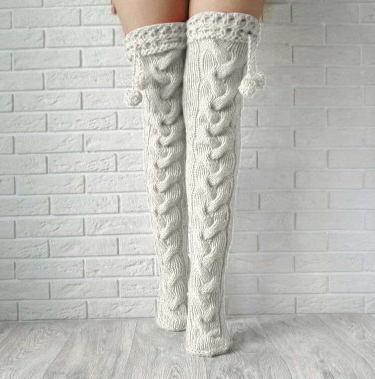 

Knitted garters with wool balls over the knee, elongated long tube socks