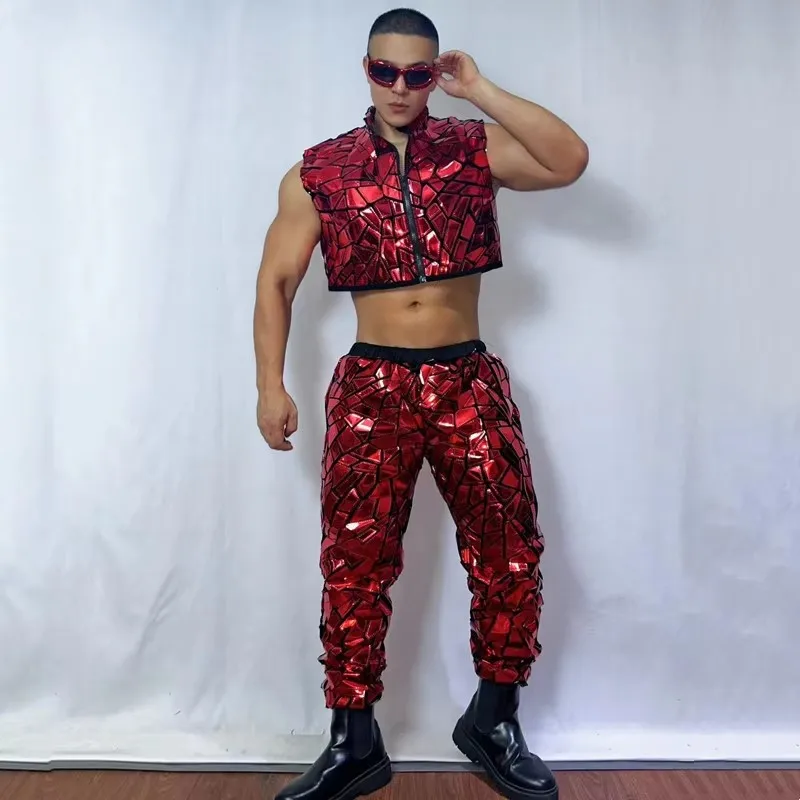 メンズシルバーレッドレーザーシークインベストパンツセット、ヒップホップジャズダンスコスチューム、歌手、ダンサー、ナイトクラブ、カーニバルパーティー、ステージ衣装