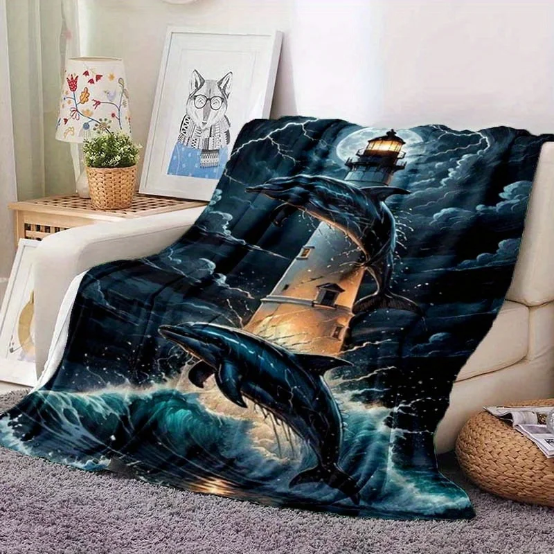 Dolphin and Lighthouse Print Polyester Flannel Blanket - Soft, Warm, Lightweight, Suitable for Sofa, Bed, Travel, Camping