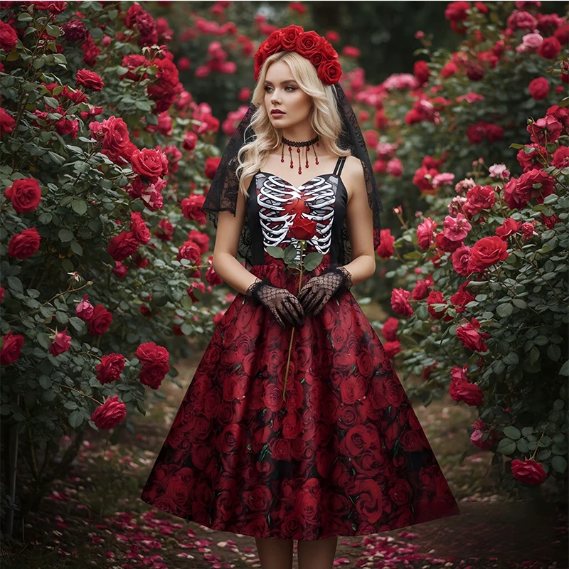 Rose Skeleton Costume For Women Elegant Straps Dress Adult Sexy Queen Cosplay Halloween Fancy Dress S-M-L-XL-2XL-3XL costumes