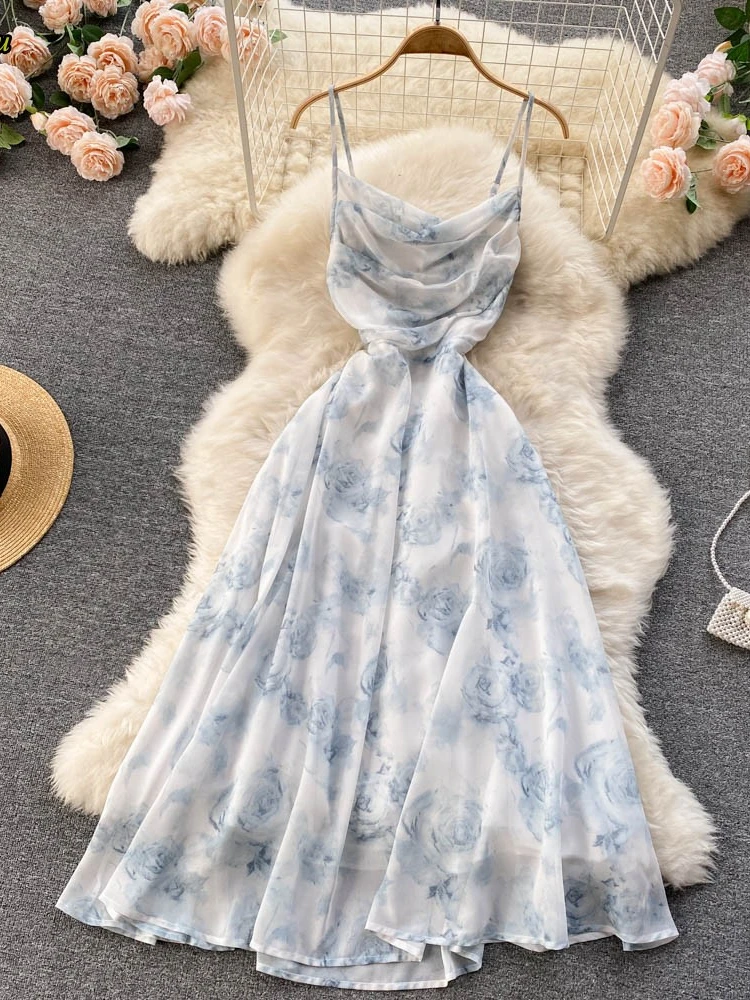 

Summer Chiffon Beach Long Dress Women's Fashion Print Floral Sleeveless Spaghetti Strap Backless Sexy Dress Bohemia Boho Dresses