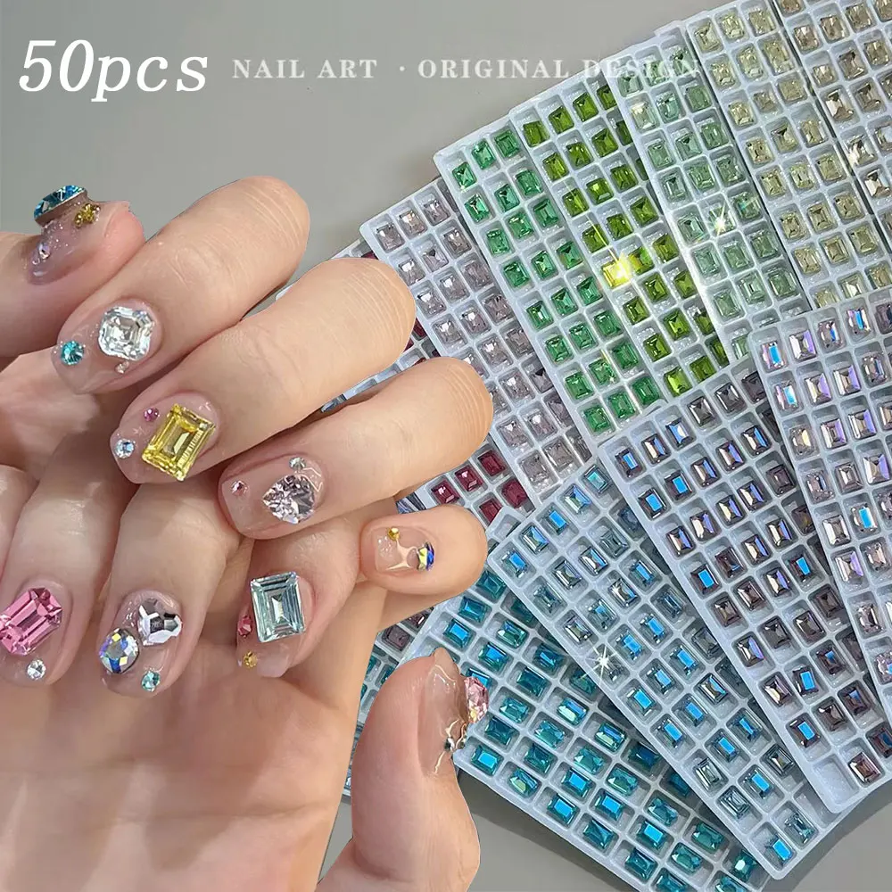 50pcs 6*8mm Rectangle Nail Gems Rhinestones K9 Glitter Zircon Nail Diamond Crystals pointed-Bottom Sugar Cube Dopamine Nails Dec
