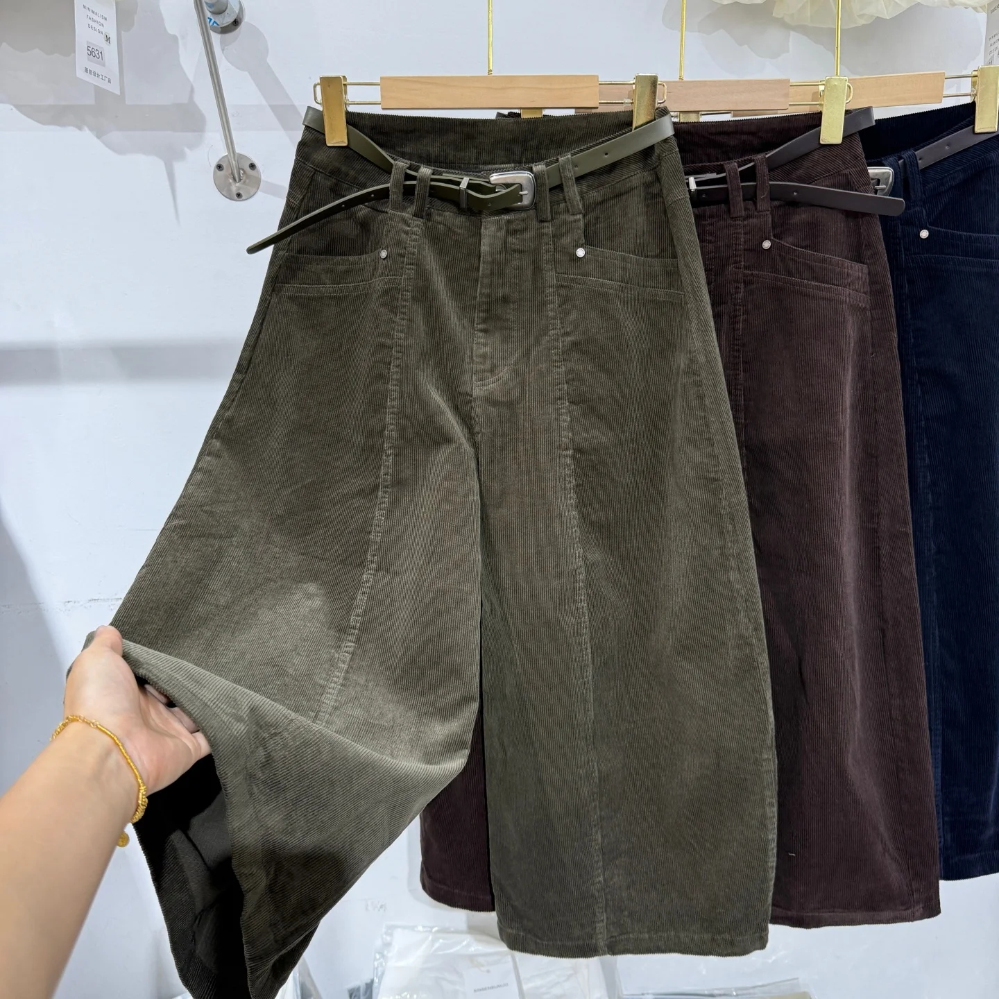 High Waist Corduroy Wide Leg Pants Women Loose Straight Casual Trousers Seven Feet Cotton Pure Color Button Fastening