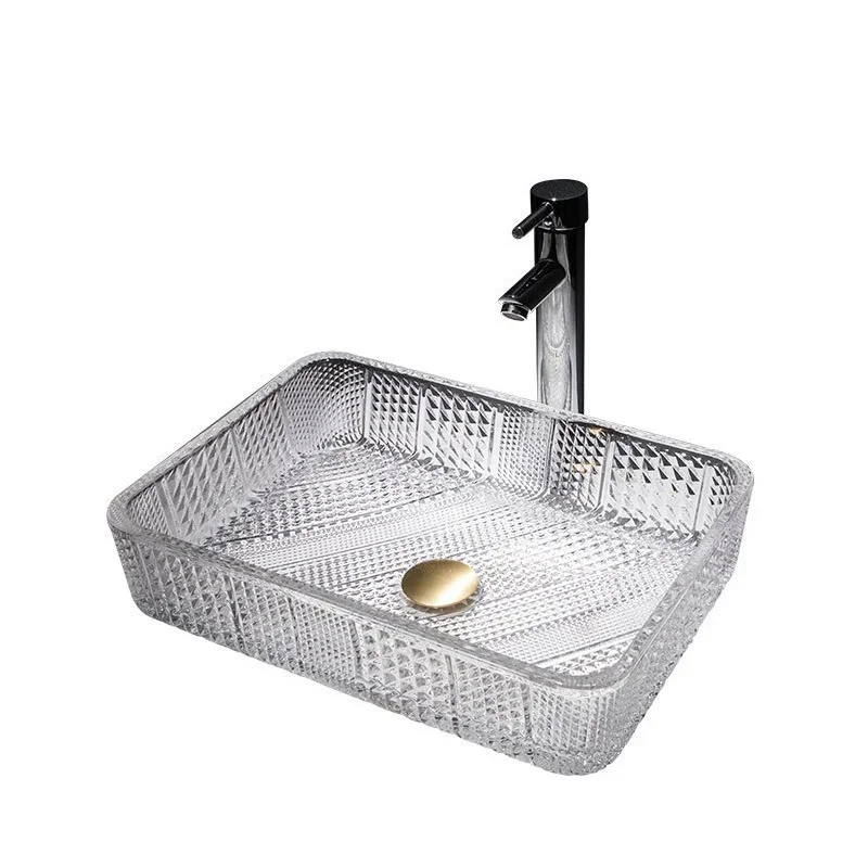 Plating Die-Casting Art Glass Sink Bathroom Square Crystal Above Counter Basin Bathroom Wash Basin Set Drainage Accessories