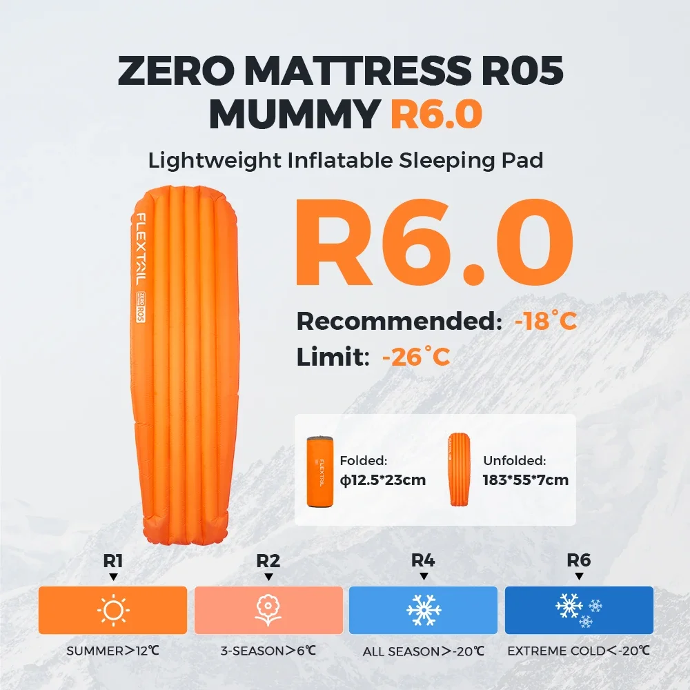 FLEXTAILGEAR ZERO MATTRESS MUMMY - Insulated Sleeping Pad with 6.0 / 5.6 R-Value, Ultralight Inflatable Camping Mat