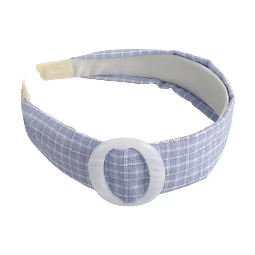 New Blue Plaid Wide Brim Headband Round Shape High Crown Plaid Hairband Padded Canvas Material Makeup Headband For Hair Styling