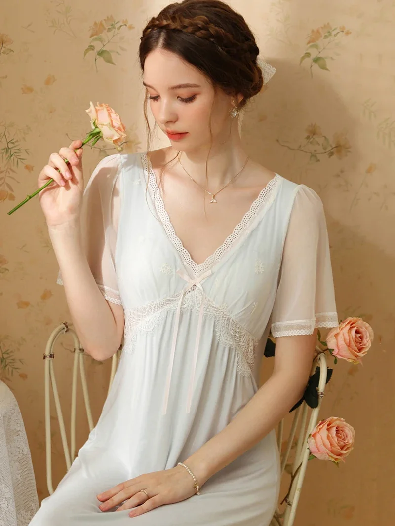 French Retro Short Sleeve Sexy Pajamas Night Dress Sweet Girls Summer Modal Princess Fairy Sleepwear Pads Victorian Nightgowns