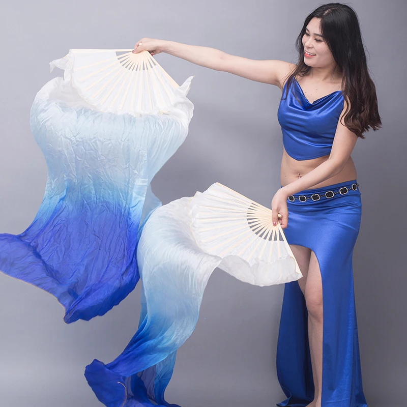 Hot Selling Kid and Women Belly Dancing Fan 1 Pair Gradient Color Dancer Practice Long Real Silk Fan 150/180x90cm Real Silk Fans