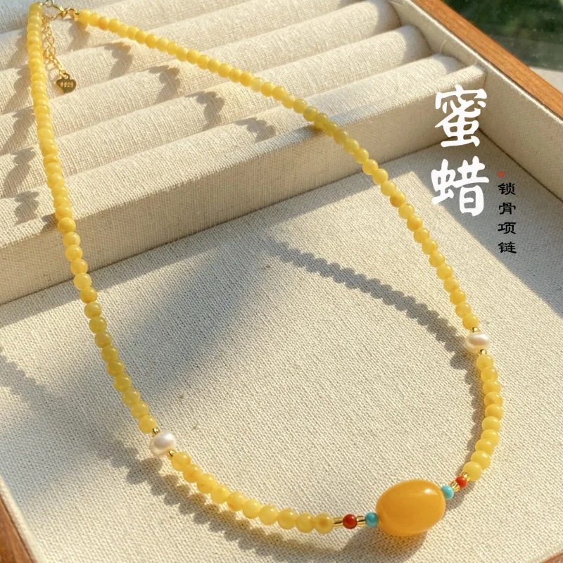 Natural Chicken Fat Yellow Beeswax Necklace Full Body S925 Silver Mine Small Rice Beads Collarbone Chain
