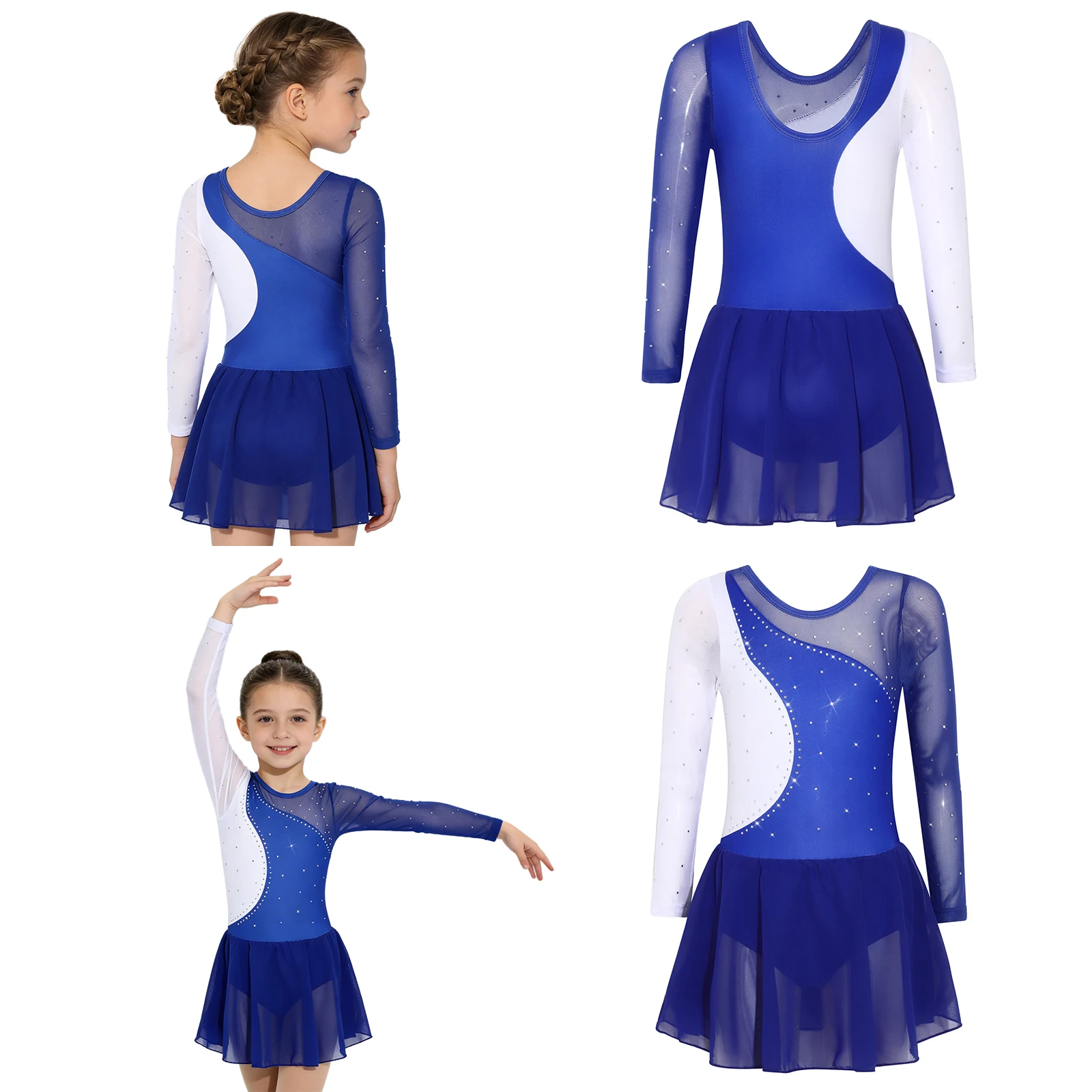 

Детское платье-купальник с длинным рукавом, сеткой и стразами для фигурного катания, современного лирического танца, гимнастики, акробатики, балета
