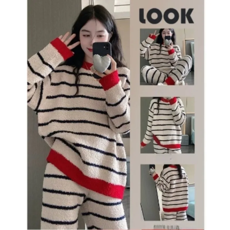 Can Be Worn Outside New Coral Velvet Pajamas Women  Winter Day Ins Simple Sweet  Thickened Half Side Velvet Casual Home Wear Set